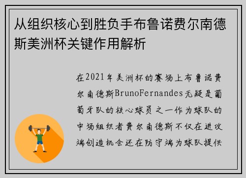 从组织核心到胜负手布鲁诺费尔南德斯美洲杯关键作用解析
